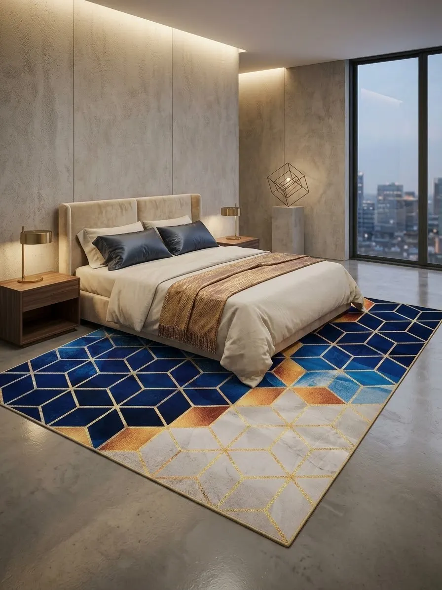 Tapete Cubo Cobalto en un ambiente: cubos 3d en azul, cobre y gris con líneas doradas
