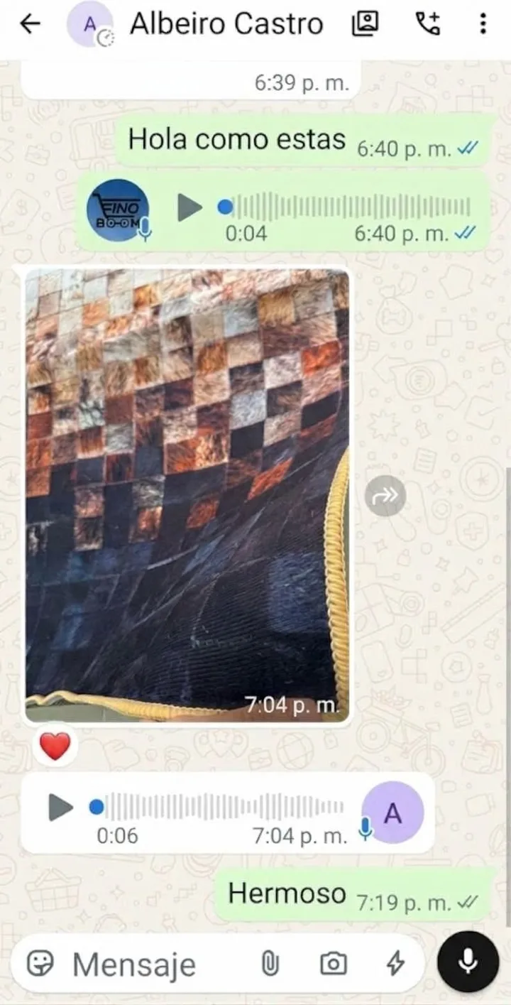 Chat de WhatsApp de un cliente con la foto de su tapete Eclipse Cacao recién recibido