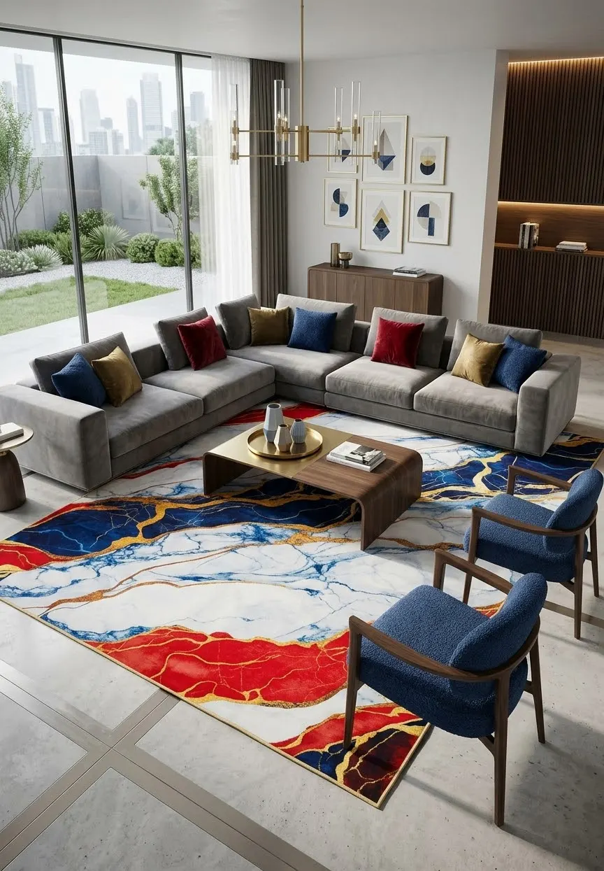 Tapete Vena Real en un ambiente: efecto mármol blanco con vetas azul, rojo y dorado